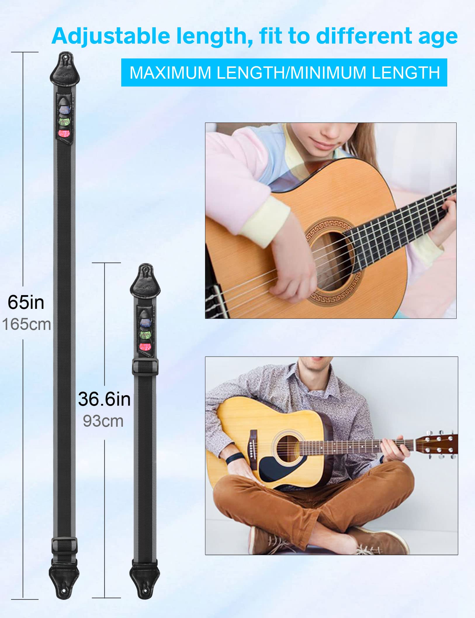 Mr.Power Guitar Strap 36.6in - 65in with 3 Pick Holders for Electric/Acoustic (Nylon Strap with Accessories)